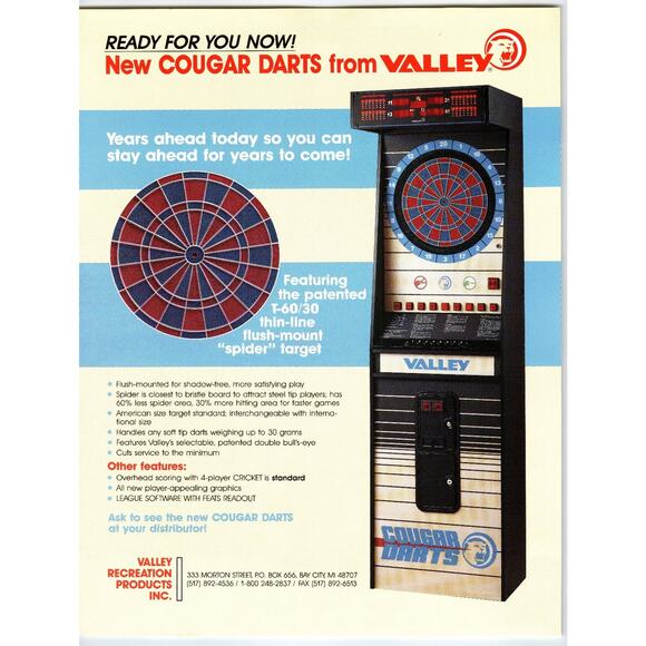 1989 Valley Cougar Darts Arcade Machine Sales Flyer Vintage Ephemera - Picture 1 of 2